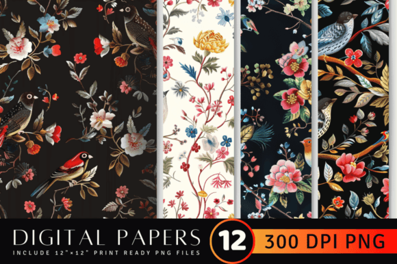 Floral Birds Embroidery Digital Paper