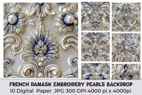 French Damask Embroidery Pearls Backdrop