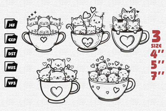 Set of 5 Cute Cat in Cup Embroidery