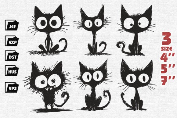 Set of 9 Funny Cat Embroidery